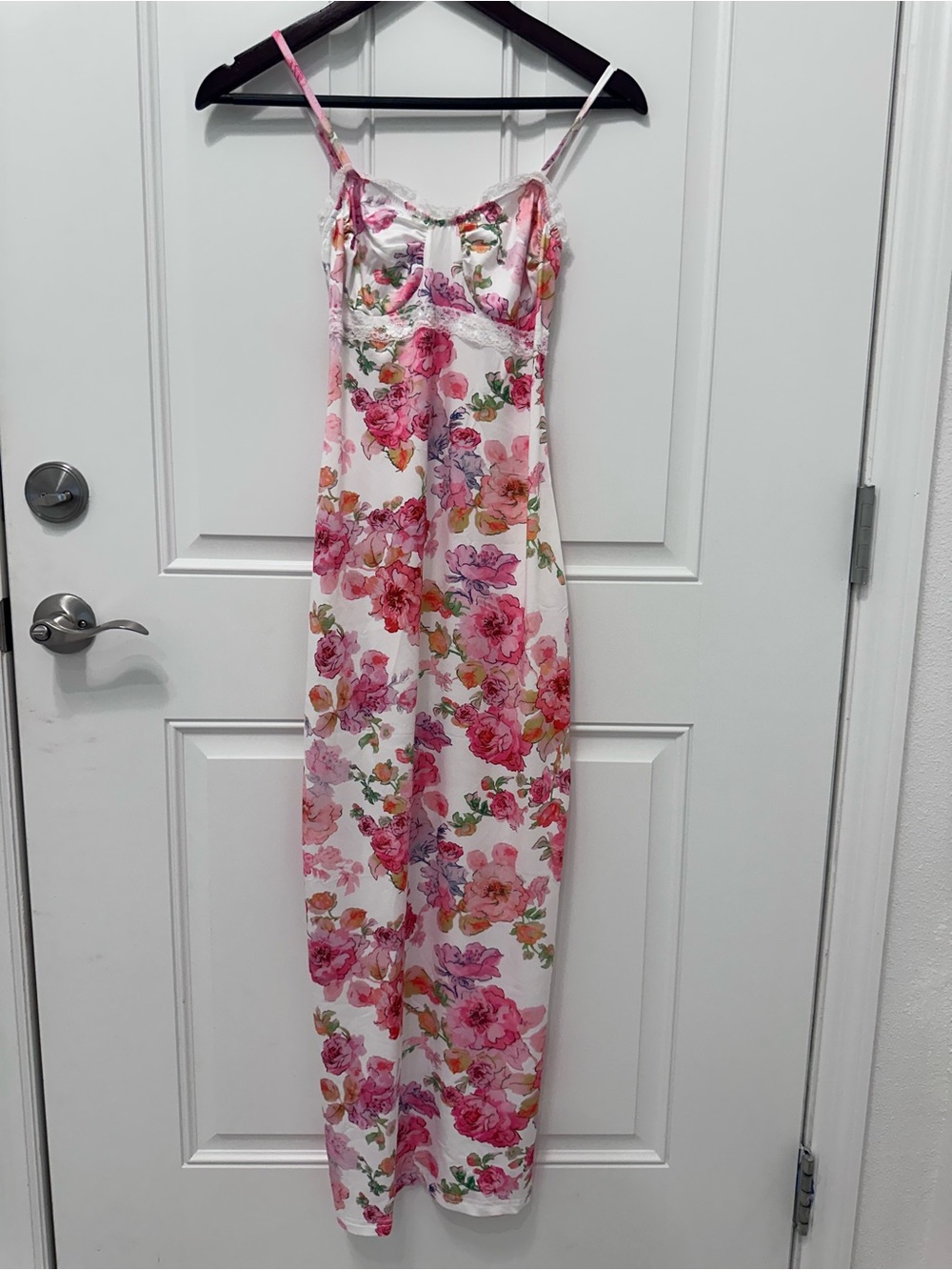 Floral Lace Trim Slip Dress - Pink Floral Small ( small breast cup A )